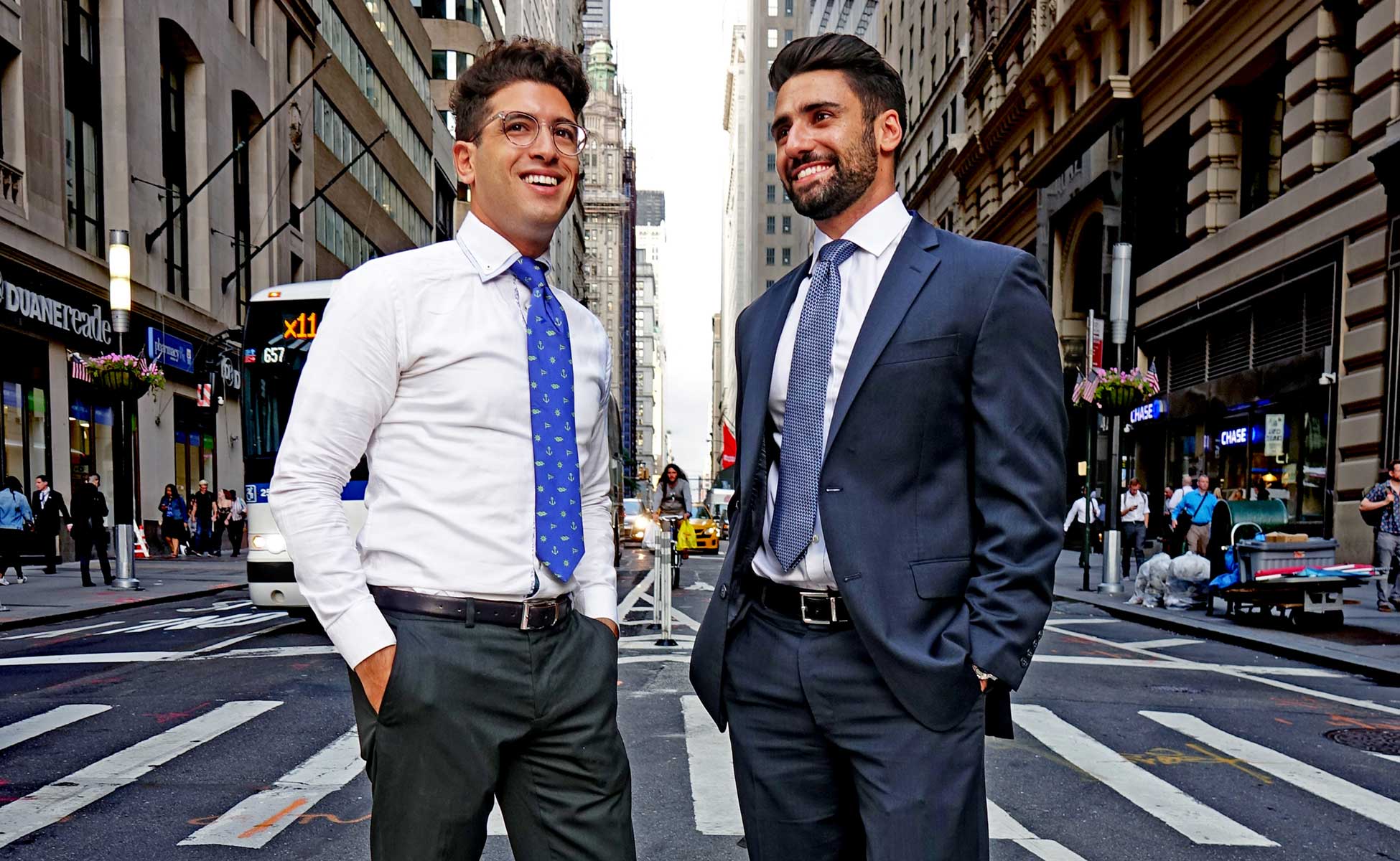 Two GSB students smiling on city street