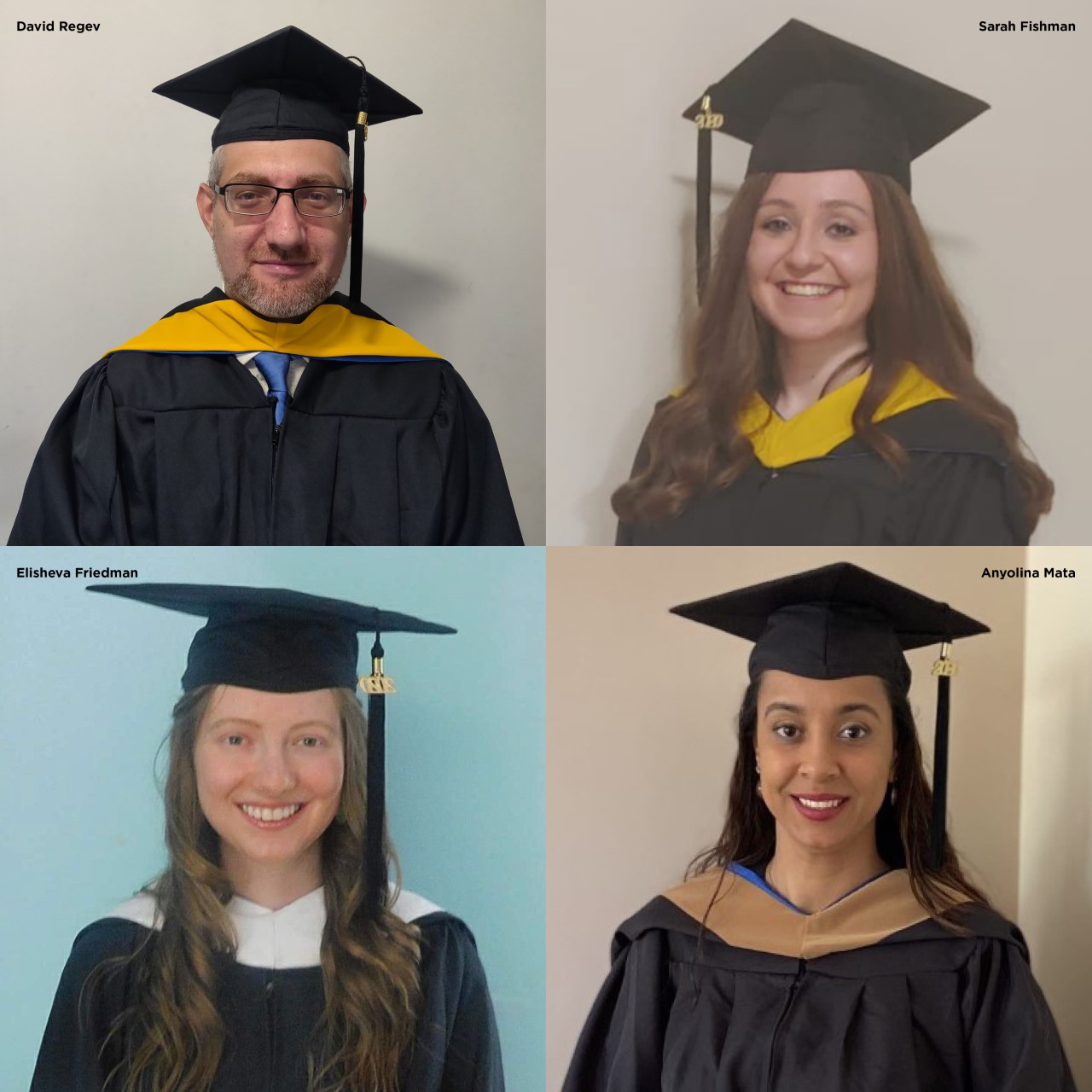 headshot grid of four of the graduate speakers in cap and gown