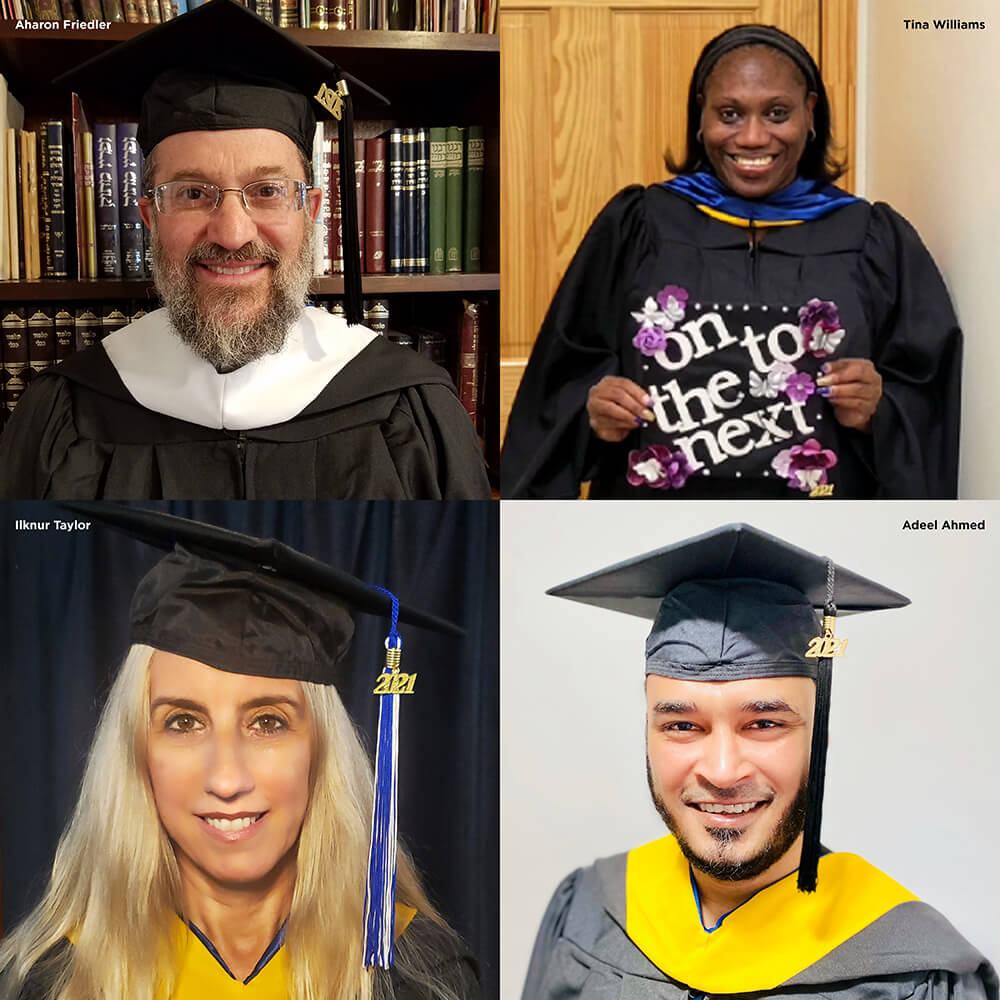 Student speakers at Touro College Division of Graduate Studies 2021 Commencement, clockwise Tina Williams from the Graduate School of Education in her gown, holding a decorated cap that says "on to the next"; Adeel Ahmed from the Graduate School of Technology in his regalia; Ilknur Taylor Clement from the Graduate School of Business in her regalia, and Aharon Friedler from the Graduate school of Jewish Studies in his regalia.