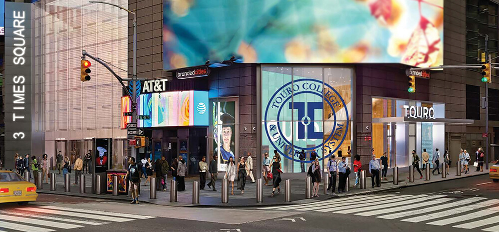 Vue sur la rue pour le bâtiment 3 Times Square pour le nouveau campus du Collège Touro