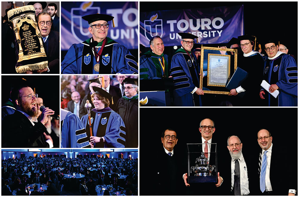 (Clockwise L-R) Zvi Ryzman holding Torah, Dr Alan Kadish at podium, Dr Edward Halperin, Dr. Kadish, Dr. Albert Bourla, Zvi Ryzman with citation for Dr. Bourla, Zvi Ryzman, Dr. Kadish holding silver crown award, Rabbi Doniel Lander, Rabbi Krupka, dining room full of people at tables, Yaakov Lemmer singing, Dr Patricia Salkin leading procession at convocation