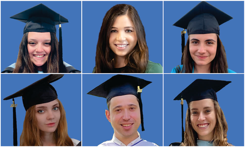 headshots of six graduates wearing graduation caps