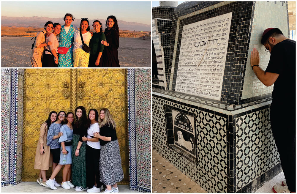 L-R (clockwise) - group of girls in desert, male student praying at the grave of Moroccan Rabbi and Torah commentator Rabbi Yehuda ben Attar, group of girls in standing in front of the doors at the Royal Palace in Fez