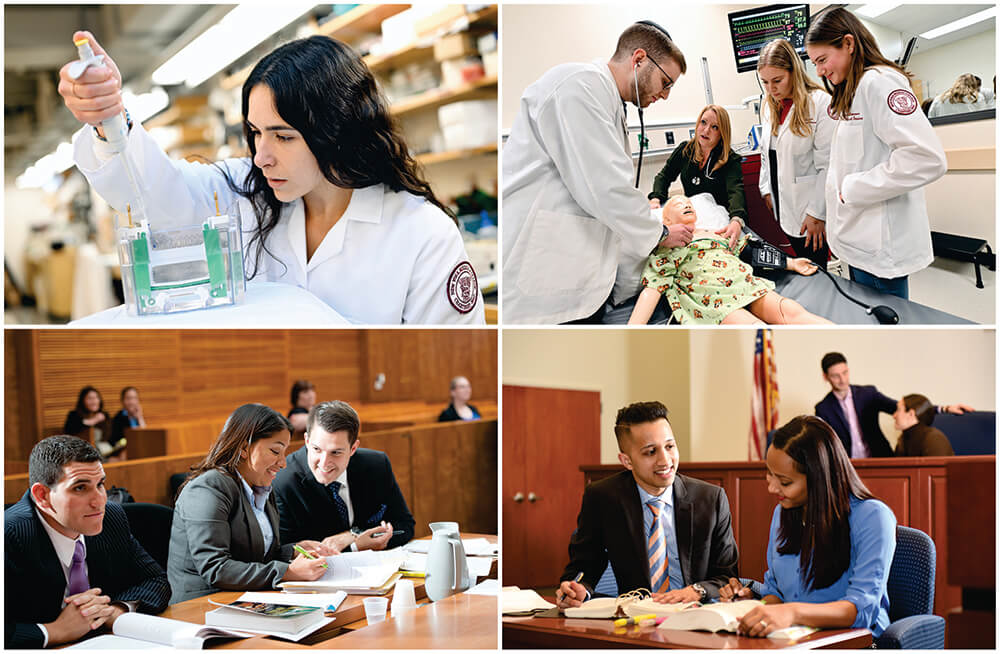 (Clockwise l-r) Woman working in lab; group of medical students practicing on pediatric dummy; Man and woman sitting at table in courtroom; Woman and 2 men sitting at table in courtroom with a few spectators in background