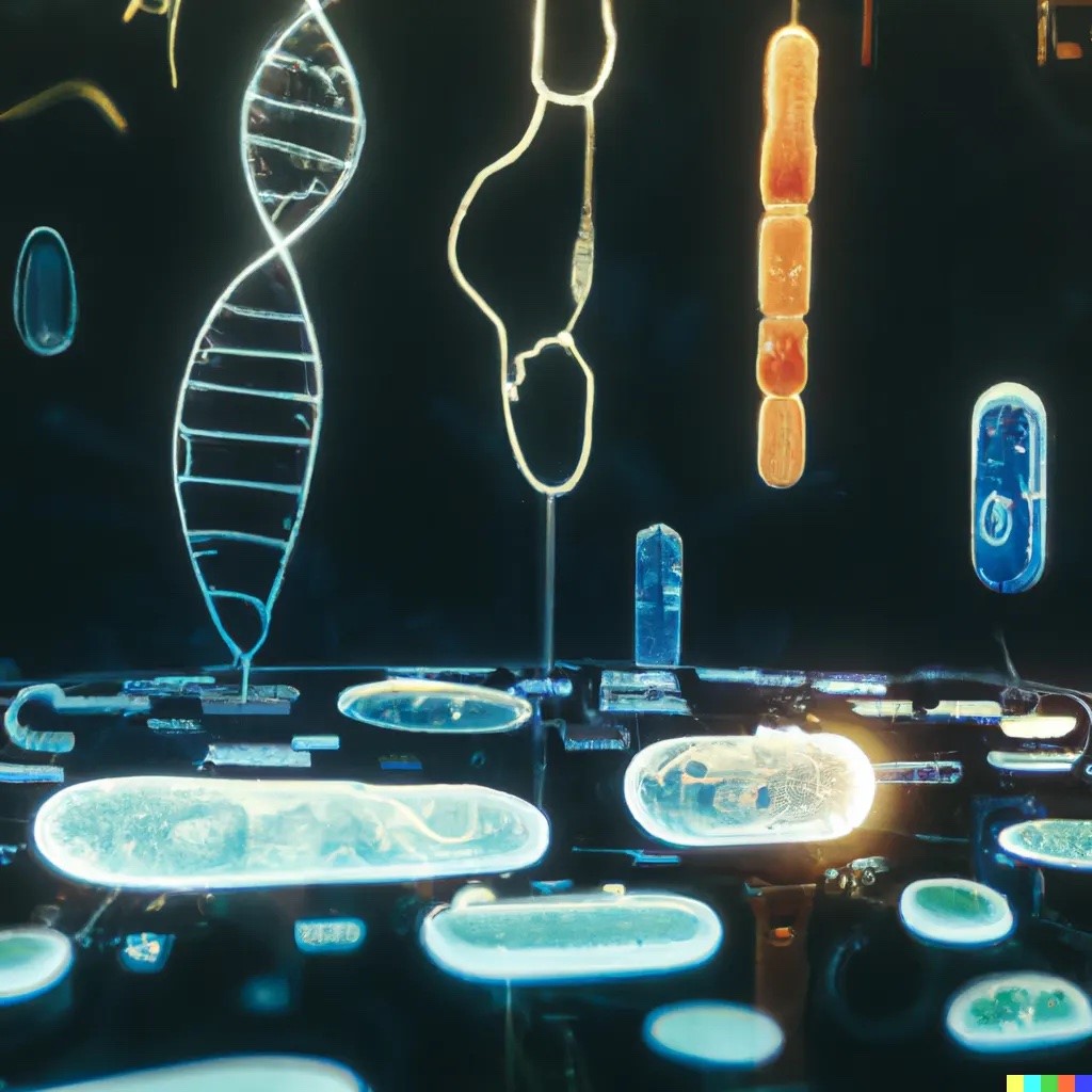 AI-generated abstract image of microbiome including organisms and their nucleotide components