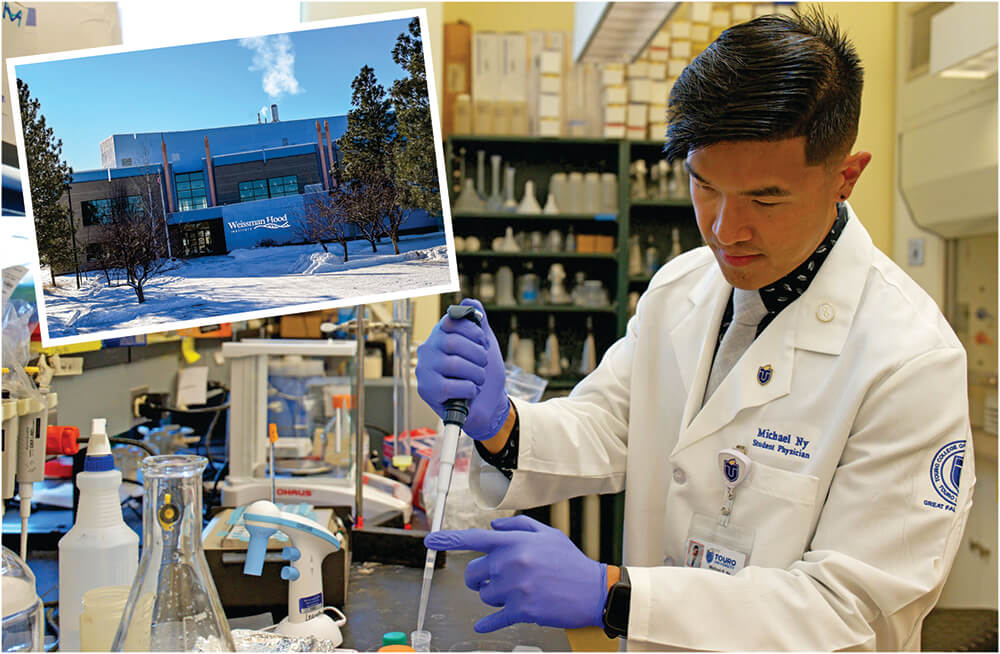 Weissman Hood Institute at Touro building (inset) and male student working in lab