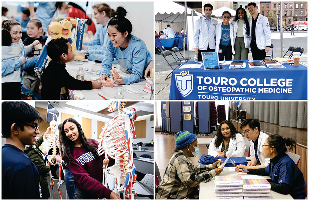 (clockwise L-R) dental students teaching children with dental props; student physicians from Touro College of Osteopathic Medicine in white coats at a table at a health fair; pharmacy students at table advising an elderly African American woman wearing a mask; MedAchieve high school students looking at a model of a skeleton