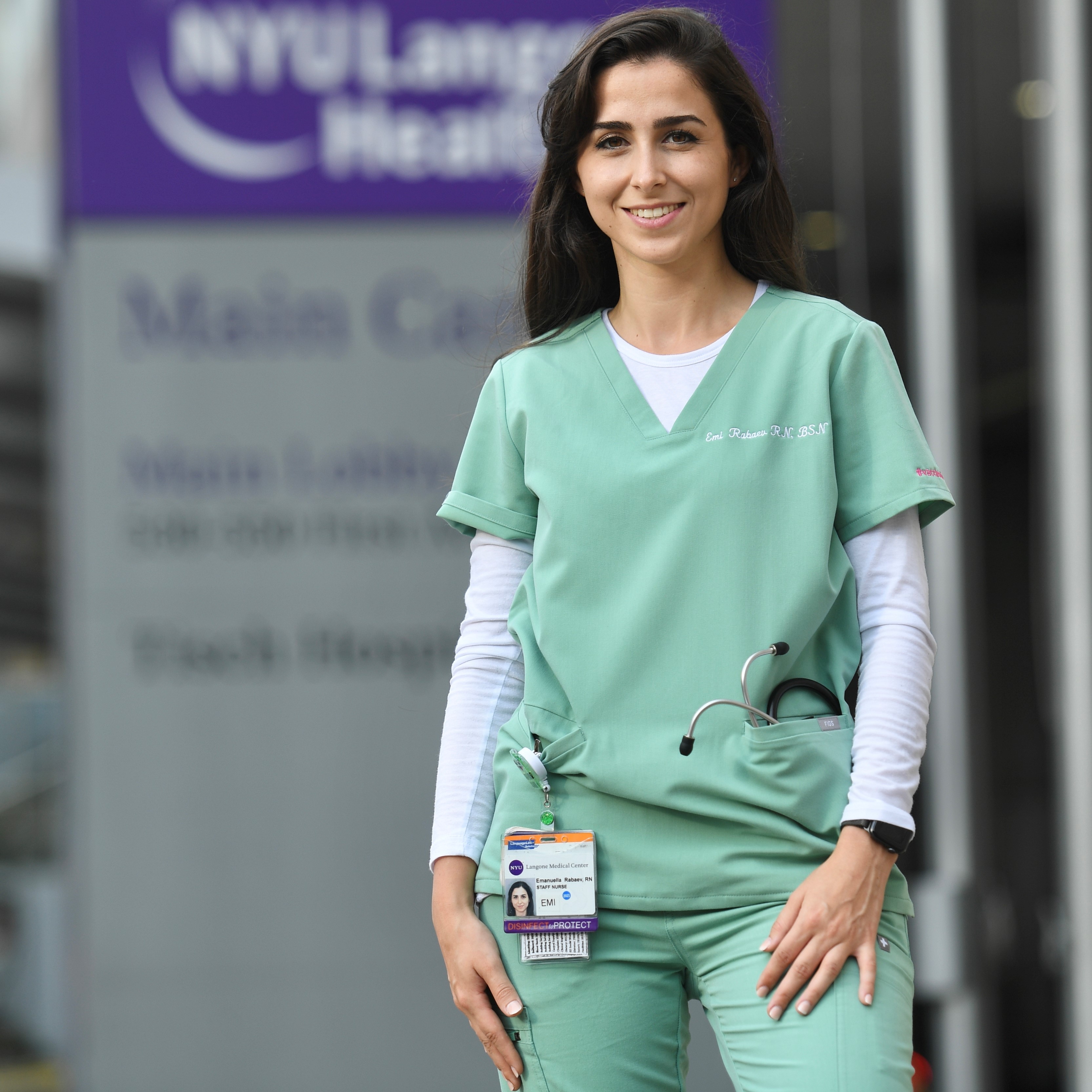 Touro nursing graduate outside NYU Langone hospital