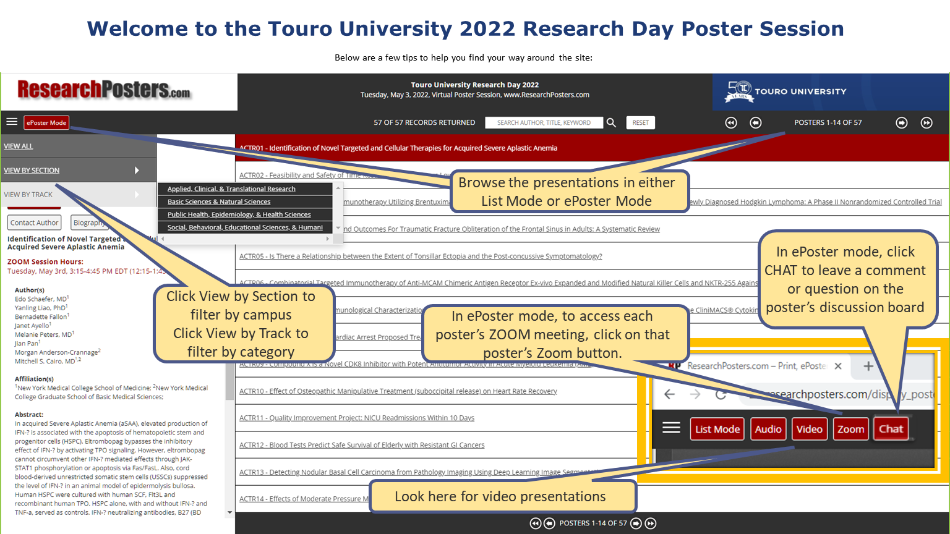 Screenshot with directions of entry screen to view Posters on researchposters.com